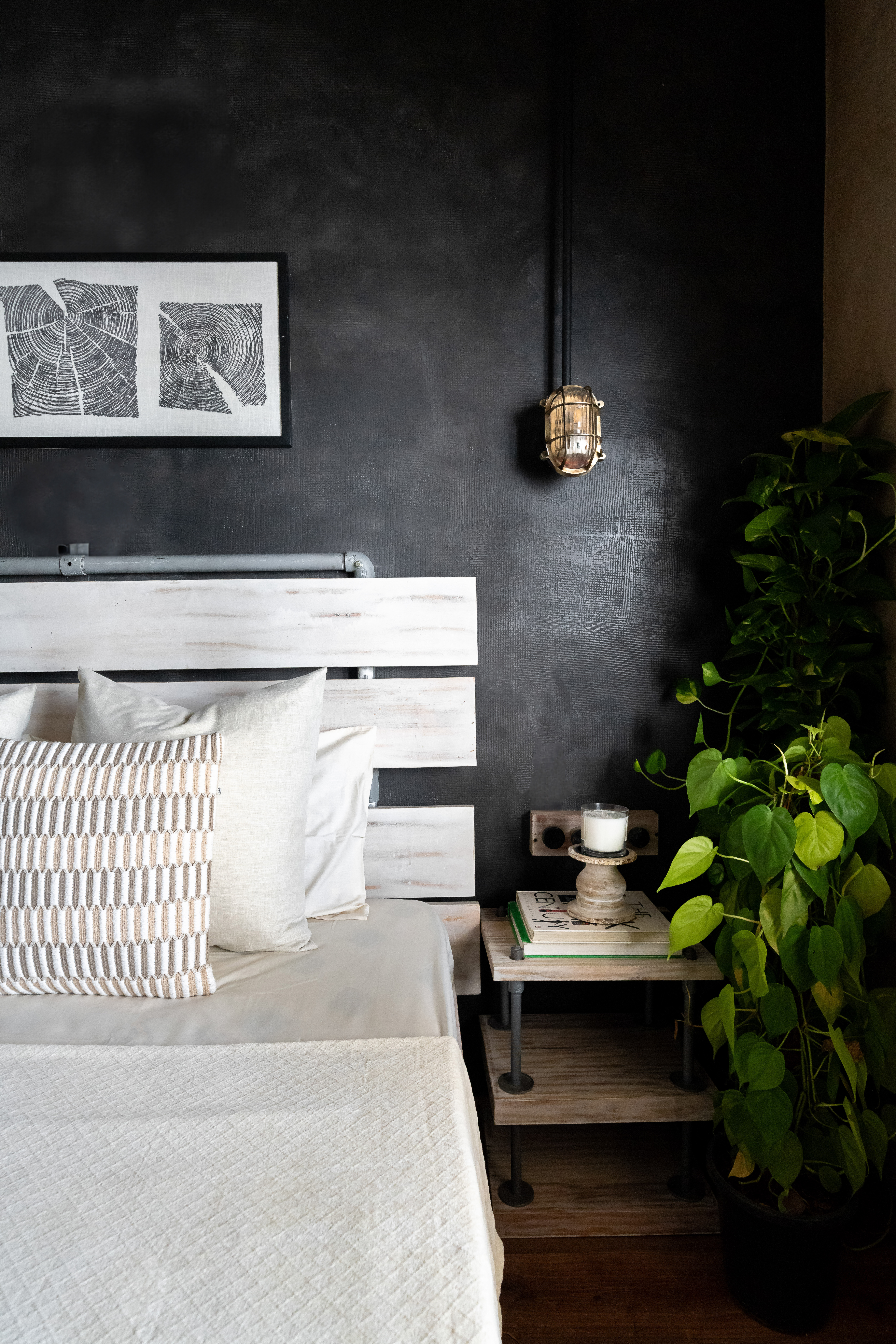 Detail of the first bedroom: whitewashed plank headboard against a black wall, oat and patterned cushions, a brass caged sconce, a pipe-framed side shelf holding a candle on books, and a large pothos in a black pot.
